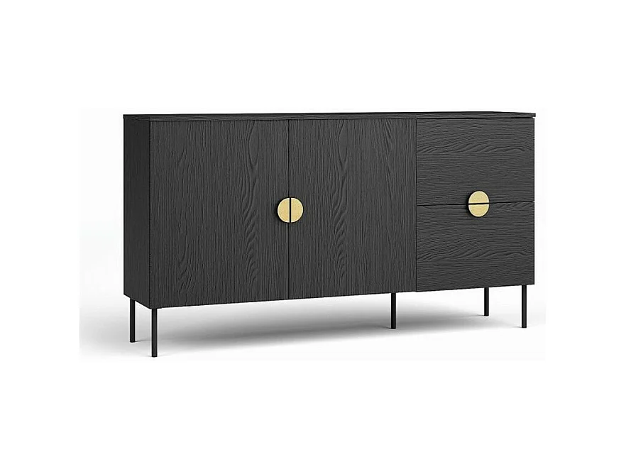 Petit buffet 2 portes et 2 tiroirs - noir avec poignées dorées - Collection MONDO