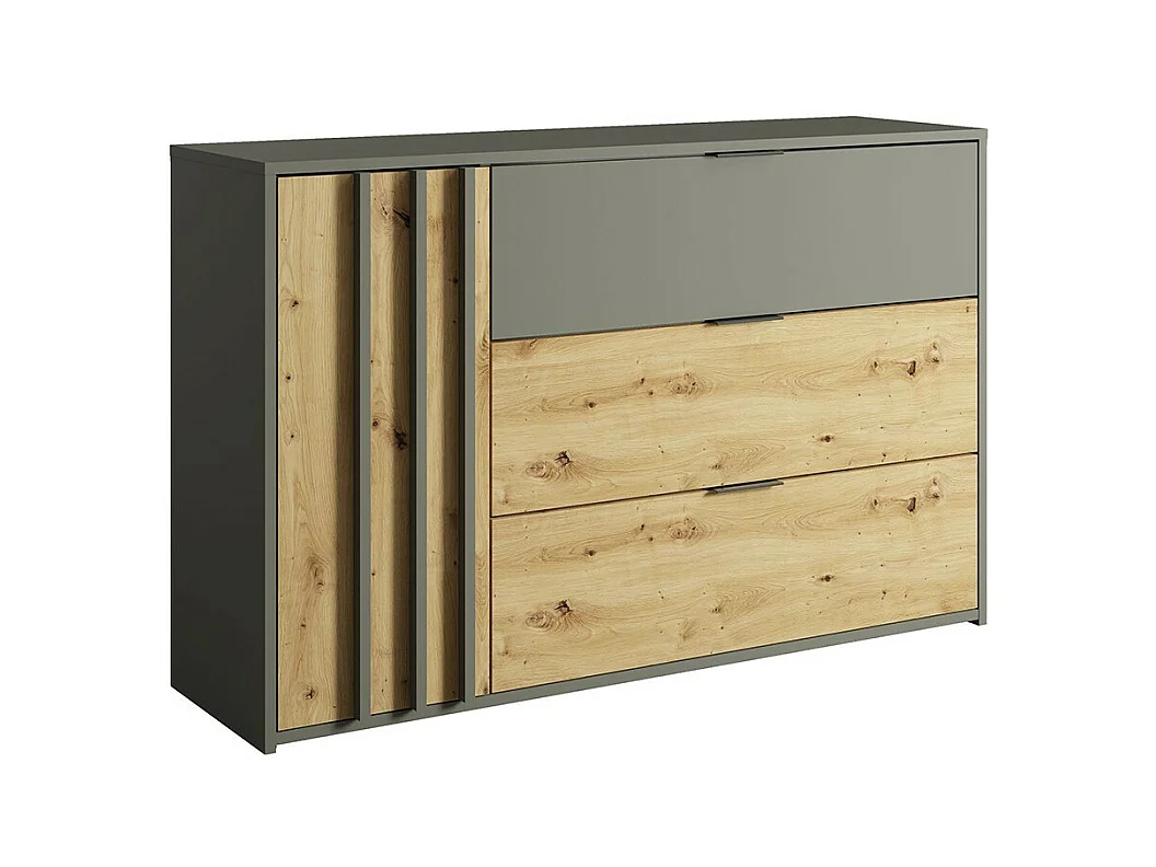Comò design con 3 cassetti e 1 porta. Collezione IZO in colore grigio antracite e rovere chiaro.