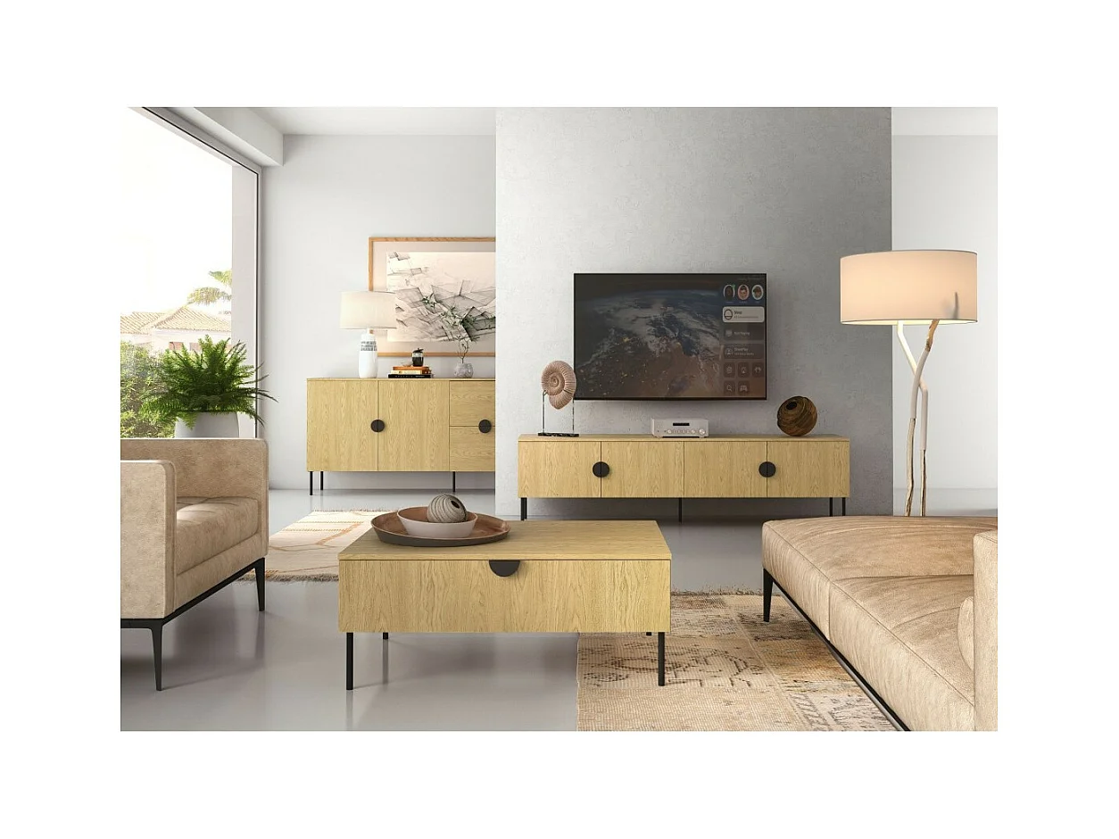 Ensemble meubles salon : Meuble TV 200 cm, table basse, buffet, chêne, collection MONDO