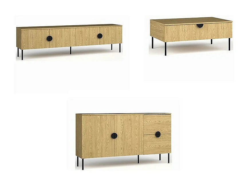 Salonmeubelset: TV-meubel 200 cm, salontafel, buffetkast, eiken, collectie MONDO