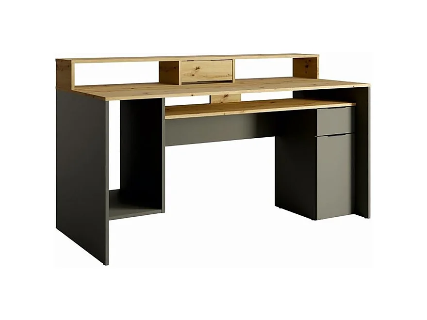 Bureau ordinateur 160cm collection ROXI coloris chêne et gris avec rangements