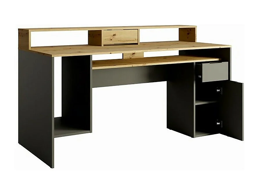 Bureau ordinateur 160cm collection ROXI coloris chêne et gris avec rangements