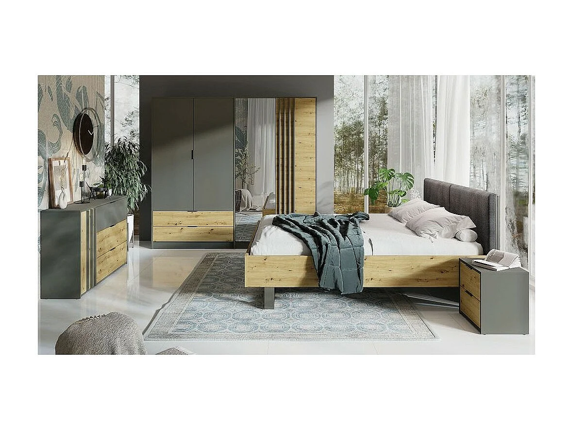 Design volwassen bed 160x200 - Lattenbodem inbegrepen - Collectie IZO. Kleuren eiken en antracietgrijs.