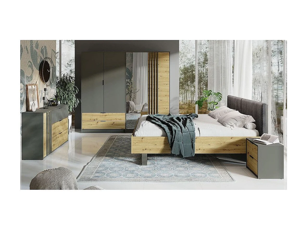 Design volwassenenbed 180x200 - Collectie IZO. Kleur eiken en antracietgrijs.