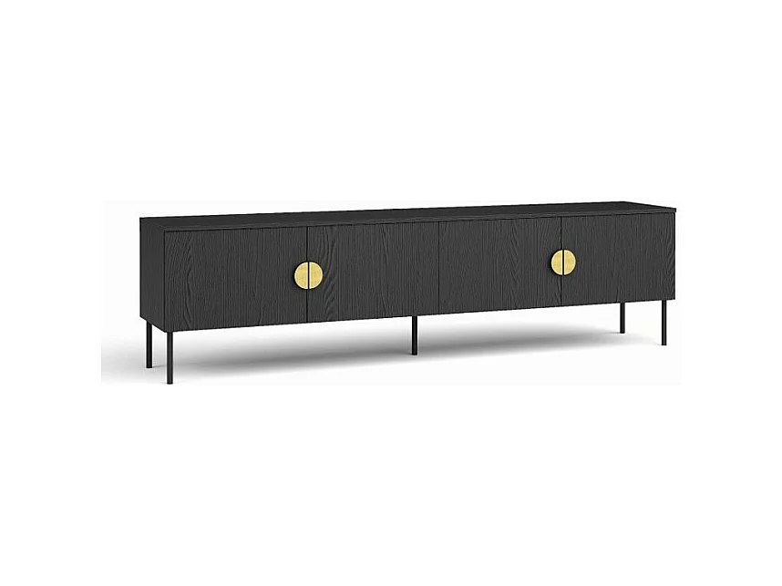 Meuble TV 4 Portes - Noir avec Poignées Dorées - 200 CM - Collection MONDO