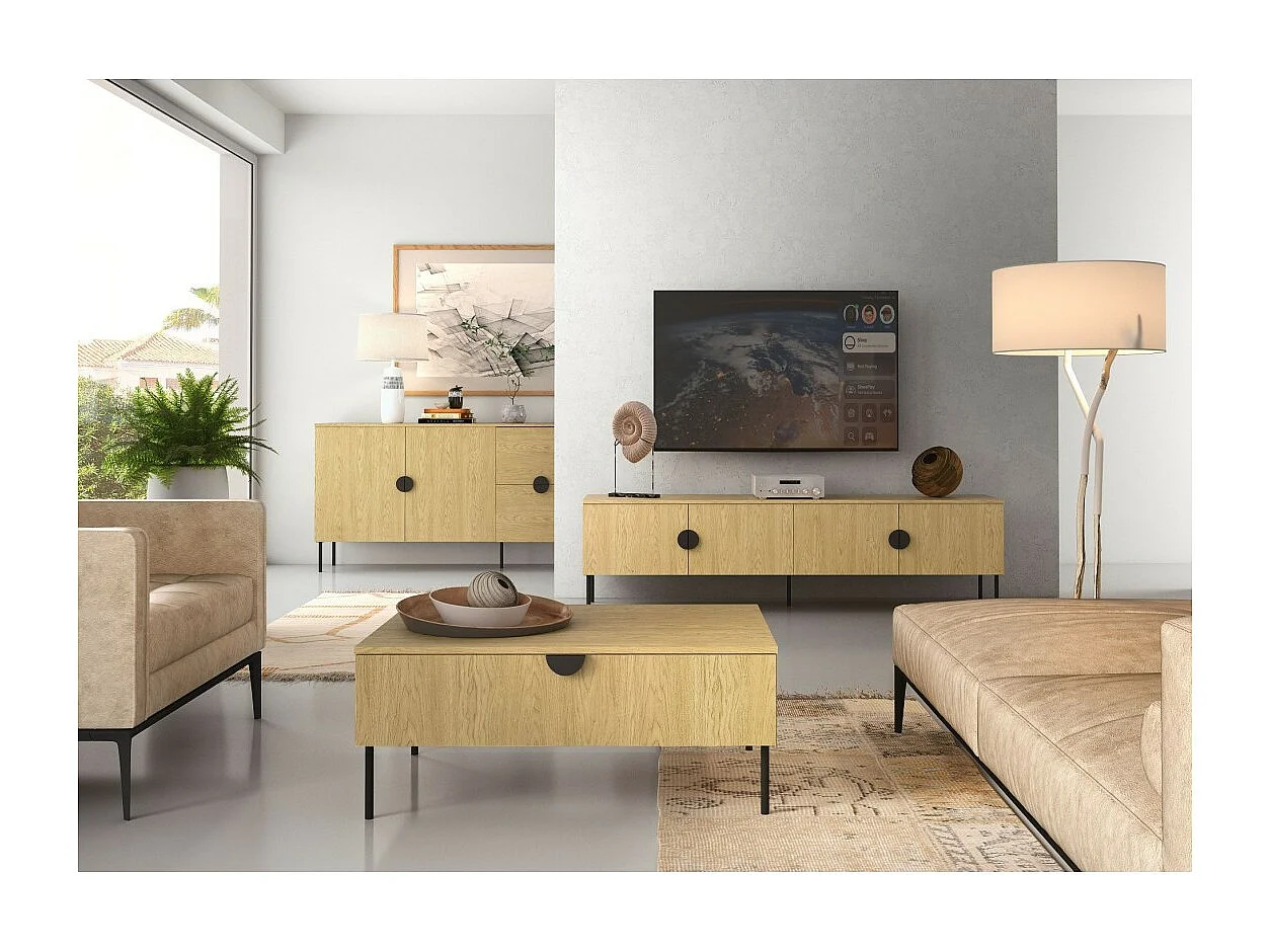 Meuble TV 4 Portes - Couleur Chêne - 200 CM - Collection MONDO