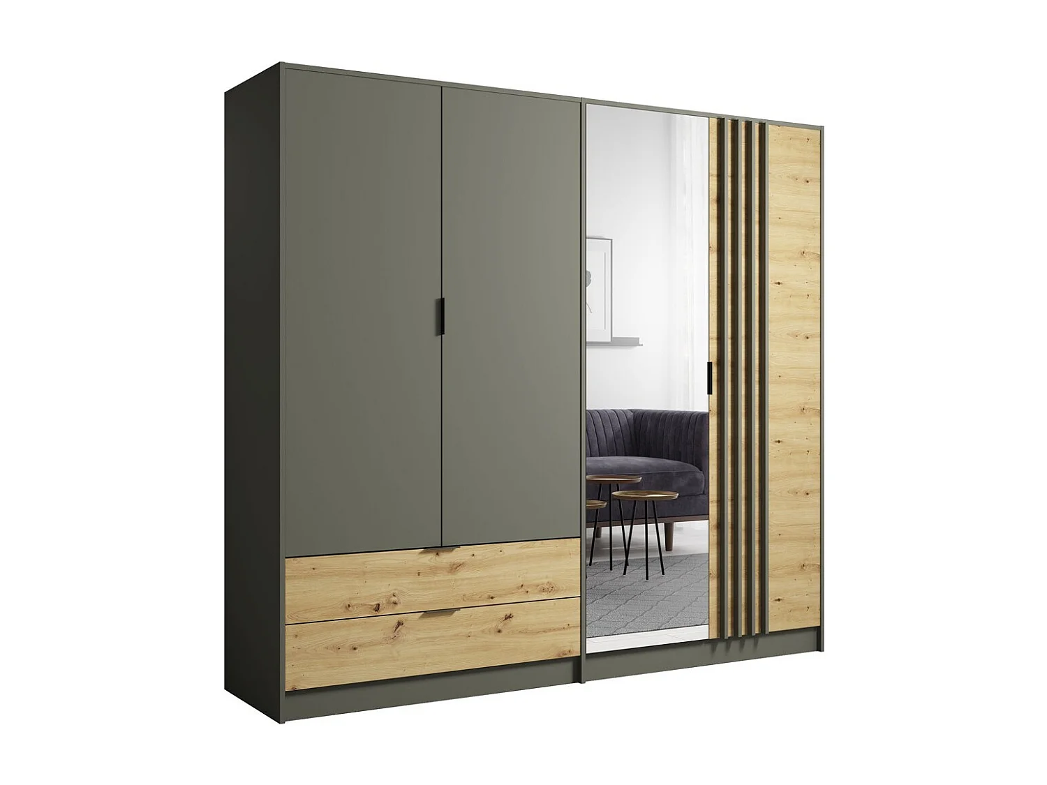 Kast 220cm met 4 deuren en 2 laden in grafietgrijs en eikenkleur. Collectie IZO
