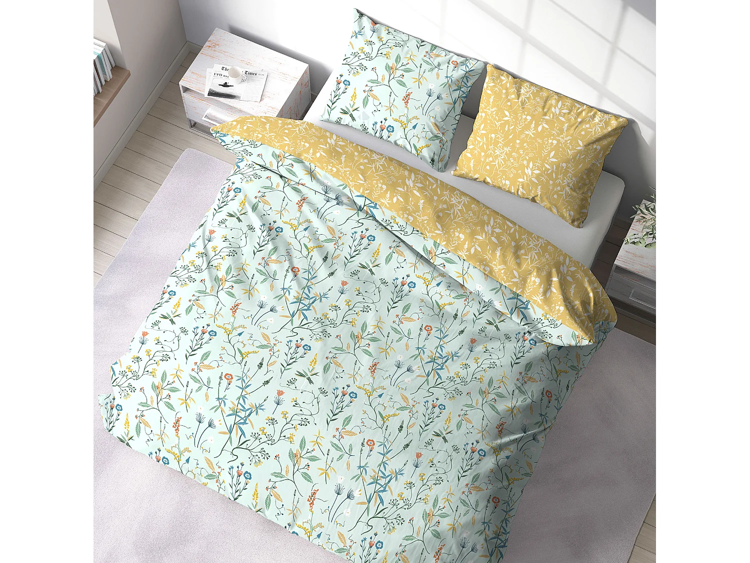 Parure de lit FLORISSANE 240x220 cm 100% polyester microfibre vert 3 pièces