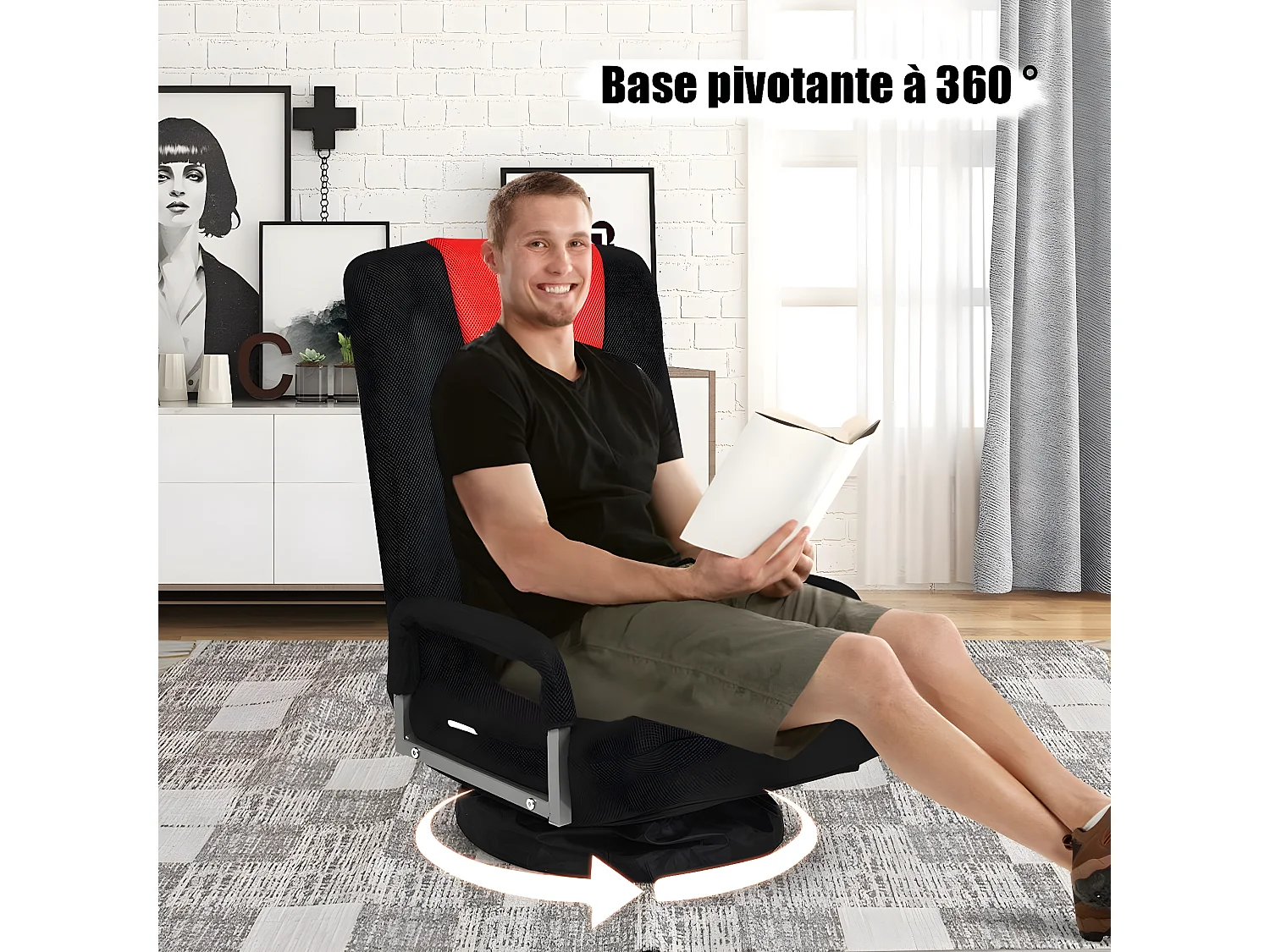 Fauteuil Pliable de Sol,Chaise de Jeu avec Dossier Réglable sur 6 Positions et Base Pivotante à 360°, Cadre en Fer Robuste Rouge