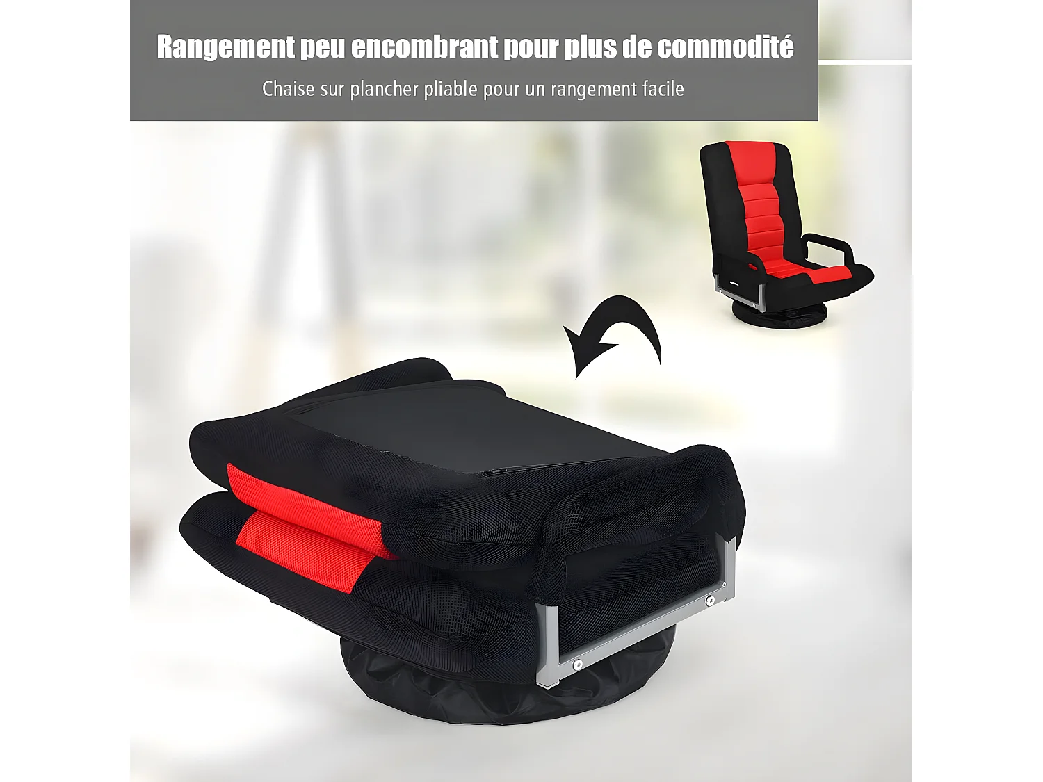 Fauteuil Pliable de Sol,Chaise de Jeu avec Dossier Réglable sur 6 Positions et Base Pivotante à 360°, Cadre en Fer Robuste Rouge