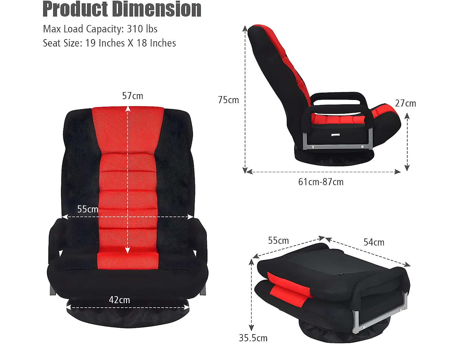 Fauteuil Pliable de Sol,Chaise de Jeu avec Dossier Réglable sur 6 Positions et Base Pivotante à 360°, Cadre en Fer Robuste Rouge