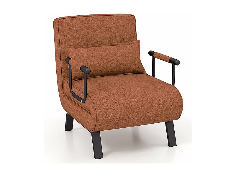 1-zits converteerbare fauteuil, 4-in-1 fauteuilbed, in 6 posities verstelbare rugleuning, kussen, gewatteerde zitting, armleuningen, metalen frame, opklapbare slaapbank, bruin
