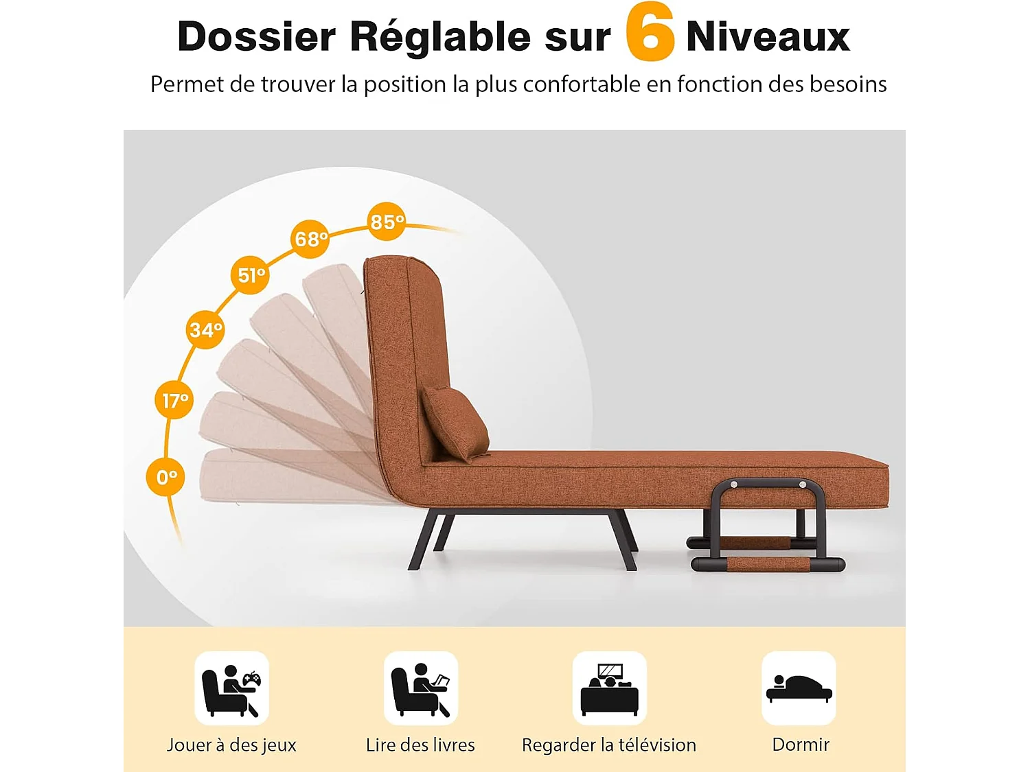 Fauteuil Convertible 1 Place, Fauteuil-Lit Chauffeuse 4-en-1 Dossier Réglable 6 Position, Oreiller, Siège Rembourré, Accoudoirs, Cadre Métal, Canapé-Lit Pliant, Marron