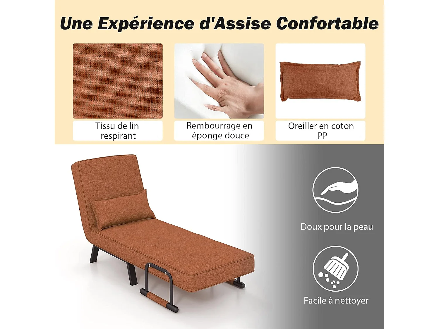 Fauteuil Convertible 1 Place, Fauteuil-Lit Chauffeuse 4-en-1 Dossier Réglable 6 Position, Oreiller, Siège Rembourré, Accoudoirs, Cadre Métal, Canapé-Lit Pliant, Marron