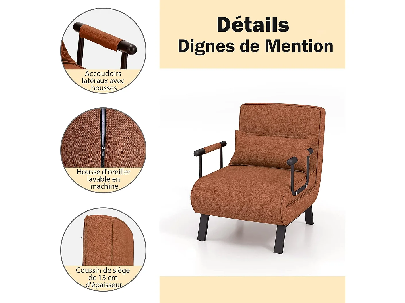 Fauteuil Convertible 1 Place, Fauteuil-Lit Chauffeuse 4-en-1 Dossier Réglable 6 Position, Oreiller, Siège Rembourré, Accoudoirs, Cadre Métal, Canapé-Lit Pliant, Marron