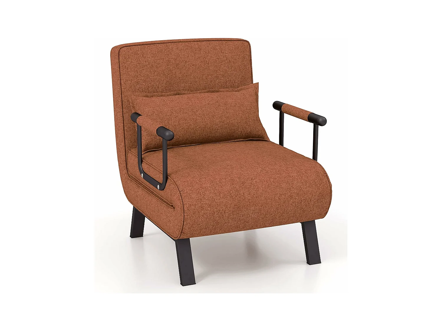 Fauteuil Convertible 1 Place, Fauteuil-Lit Chauffeuse 4-en-1 Dossier Réglable 6 Position, Oreiller, Siège Rembourré, Accoudoirs, Cadre Métal, Canapé-Lit Pliant, Marron
