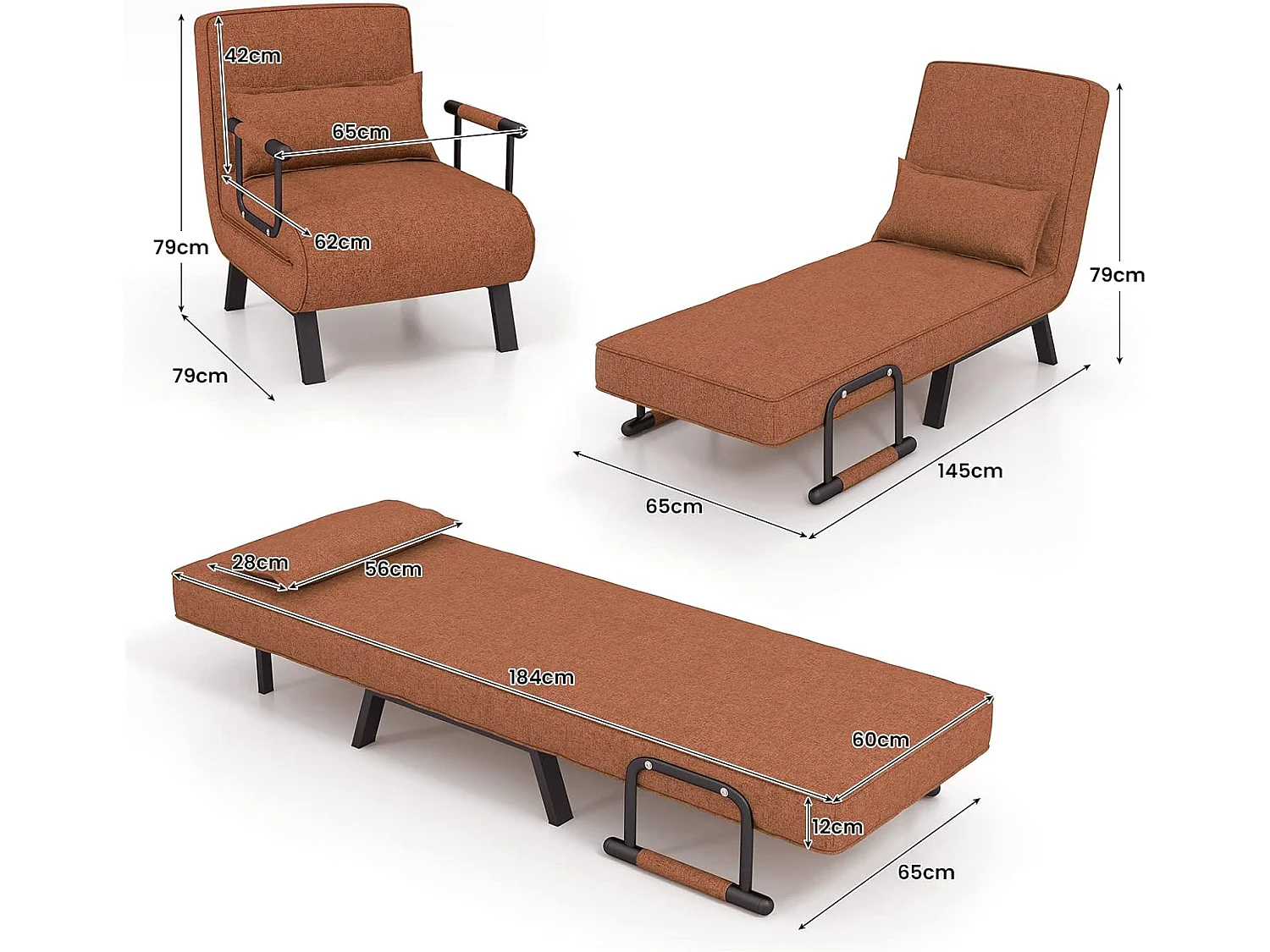 Fauteuil Convertible 1 Place, Fauteuil-Lit Chauffeuse 4-en-1 Dossier Réglable 6 Position, Oreiller, Siège Rembourré, Accoudoirs, Cadre Métal, Canapé-Lit Pliant, Marron