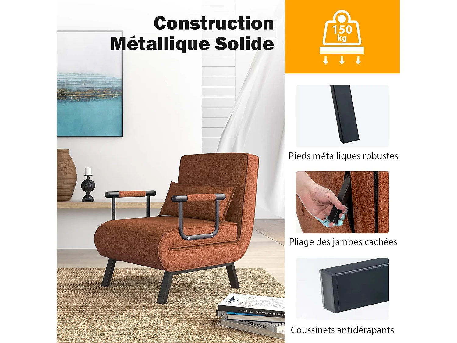 Fauteuil Convertible 1 Place, Fauteuil-Lit Chauffeuse 4-en-1 Dossier Réglable 6 Position, Oreiller, Siège Rembourré, Accoudoirs, Cadre Métal, Canapé-Lit Pliant, Marron