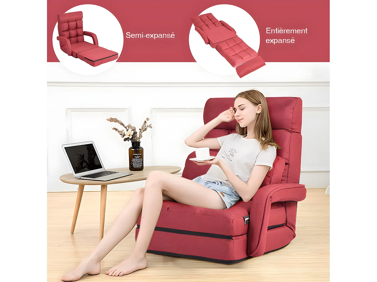 Fauteuil Convertible, Fauteuil Convertible 1 Place avec Oreiller, Rembourré avec Eponge Doux et Elastique, 5 Positions Disponibles pour Salon,Bureau,Chambre (Rouge)