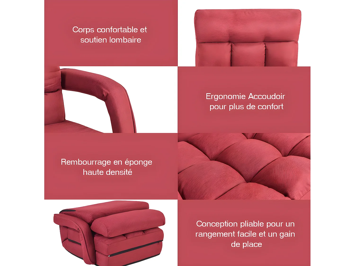 Fauteuil Convertible, Fauteuil Convertible 1 Place avec Oreiller, Rembourré avec Eponge Doux et Elastique, 5 Positions Disponibles pour Salon,Bureau,Chambre (Rouge)