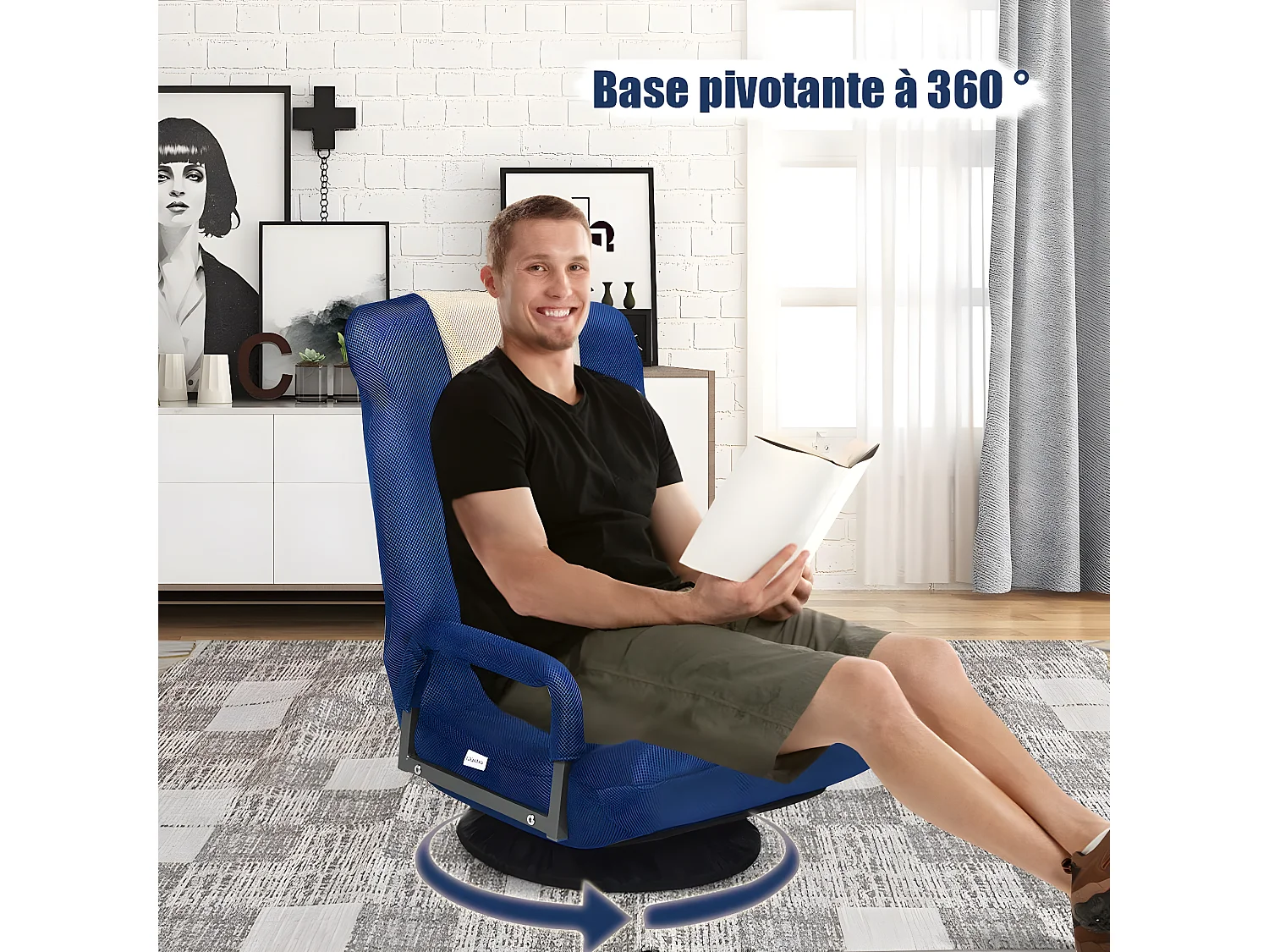 Fauteuil Pliable de Sol,Chaise de Jeu avec Dossier Réglable sur 6 Positions et Base Pivotante à 360°, Cadre en Fer Robuste Bleu