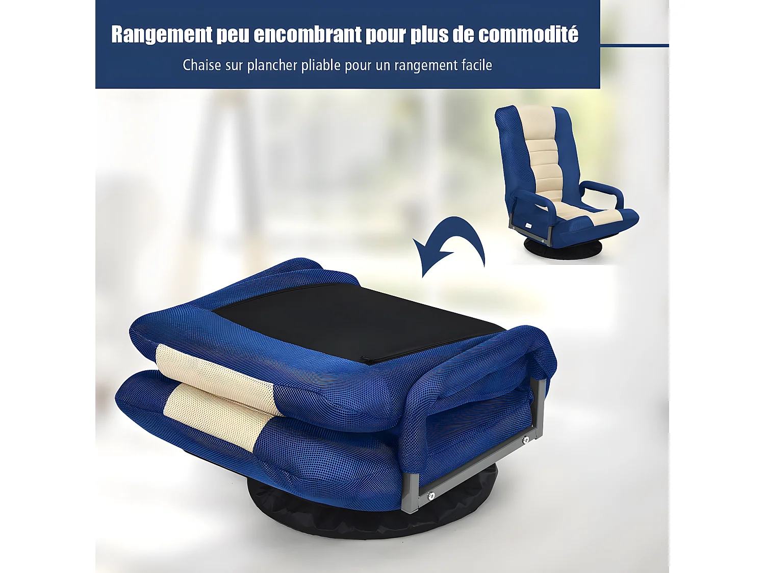 Fauteuil Pliable de Sol,Chaise de Jeu avec Dossier Réglable sur 6 Positions et Base Pivotante à 360°, Cadre en Fer Robuste Bleu
