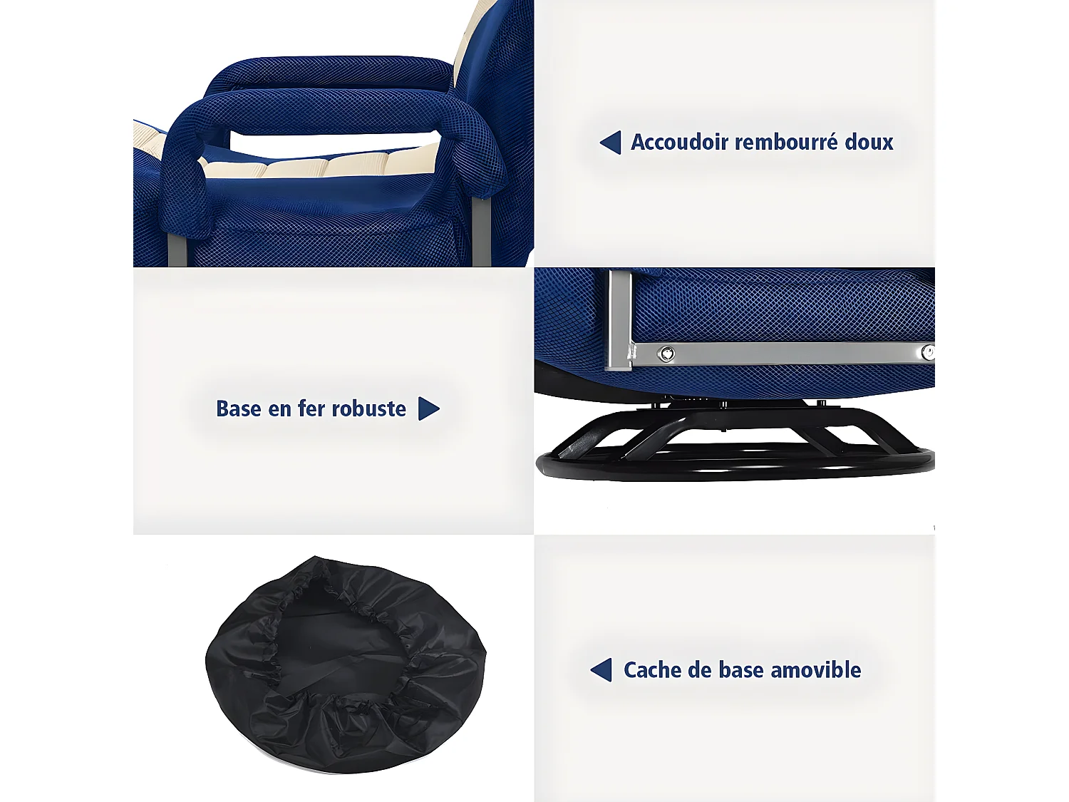 Fauteuil Pliable de Sol,Chaise de Jeu avec Dossier Réglable sur 6 Positions et Base Pivotante à 360°, Cadre en Fer Robuste Bleu