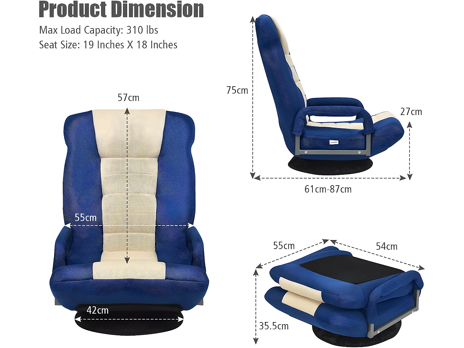 Fauteuil Pliable de Sol,Chaise de Jeu avec Dossier Réglable sur 6 Positions et Base Pivotante à 360°, Cadre en Fer Robuste Bleu