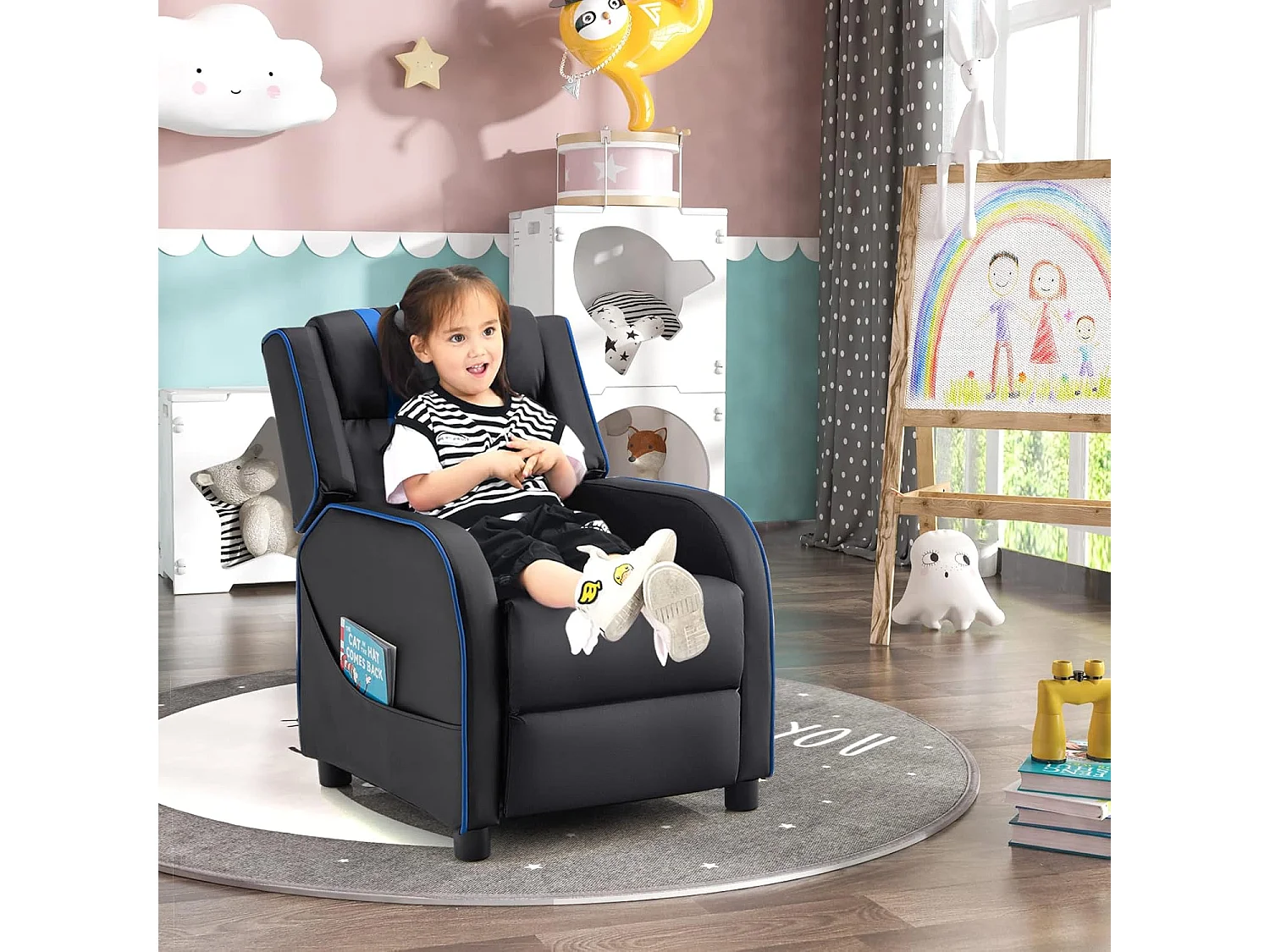 Fauteuil Inclinable Enfant en Cuir PU avec Repose-Pieds Réglable et Poches Latérales, Charge Max 50kg, Bleu