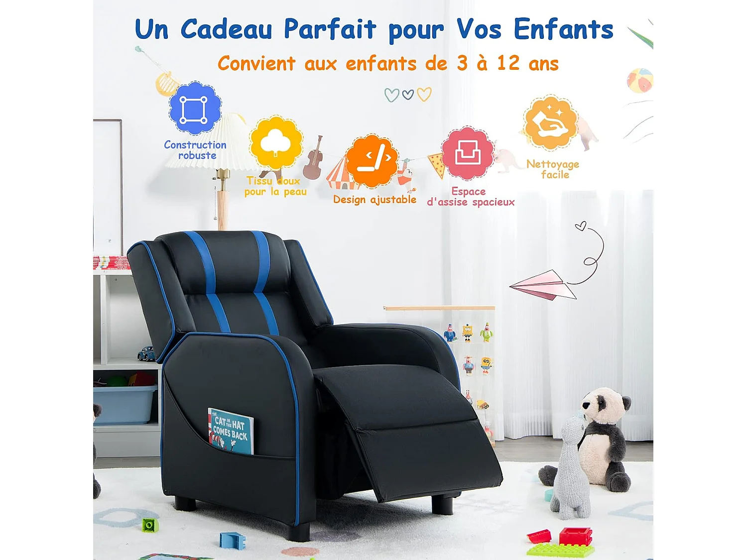 Fauteuil Inclinable Enfant en Cuir PU avec Repose-Pieds Réglable et Poches Latérales, Charge Max 50kg, Bleu