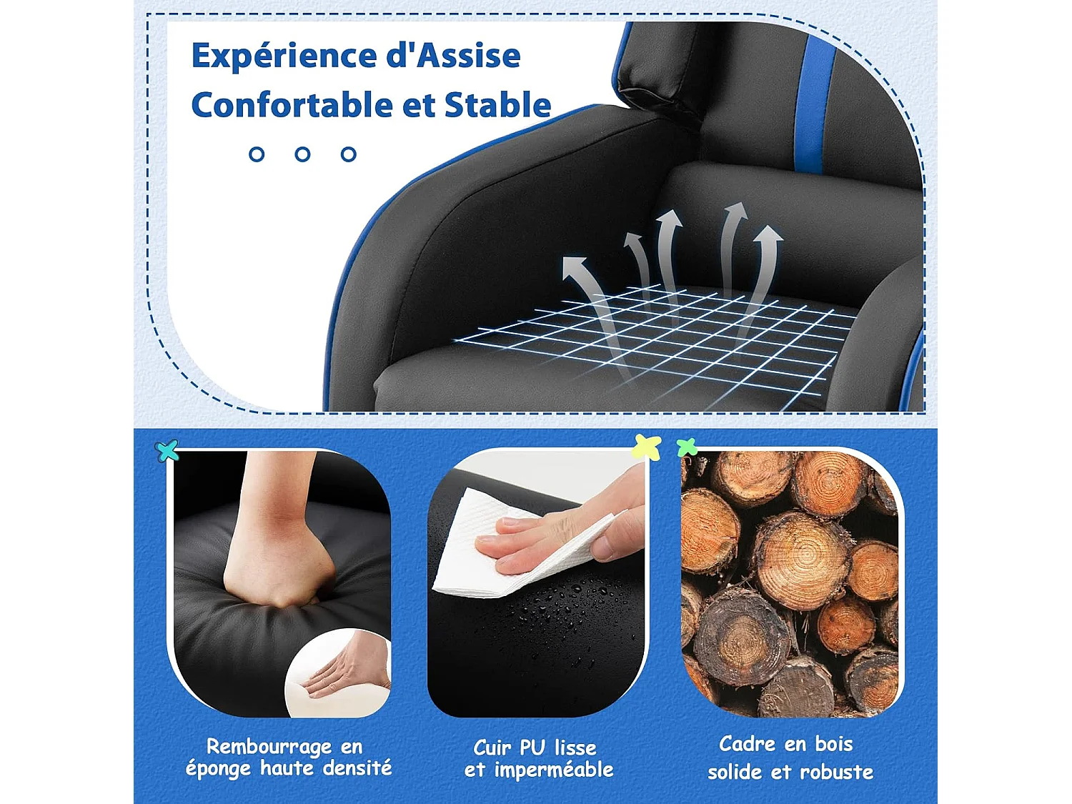 Fauteuil Inclinable Enfant en Cuir PU avec Repose-Pieds Réglable et Poches Latérales, Charge Max 50kg, Bleu