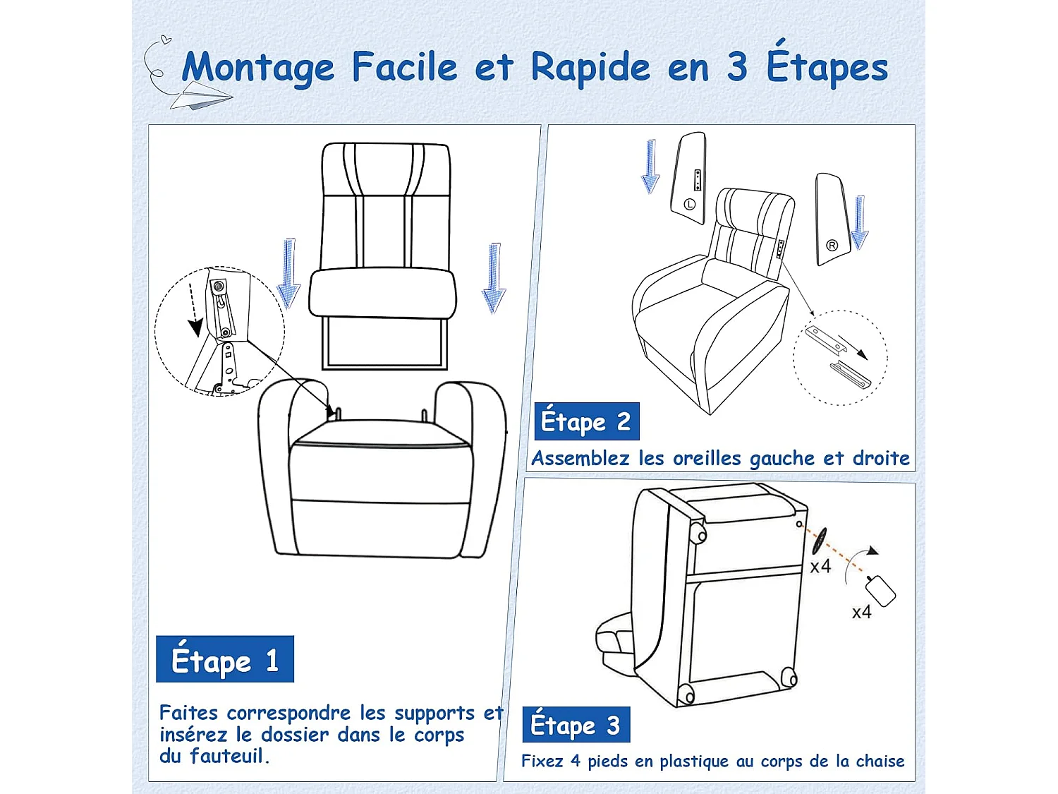 Fauteuil Inclinable Enfant en Cuir PU avec Repose-Pieds Réglable et Poches Latérales, Charge Max 50kg, Bleu
