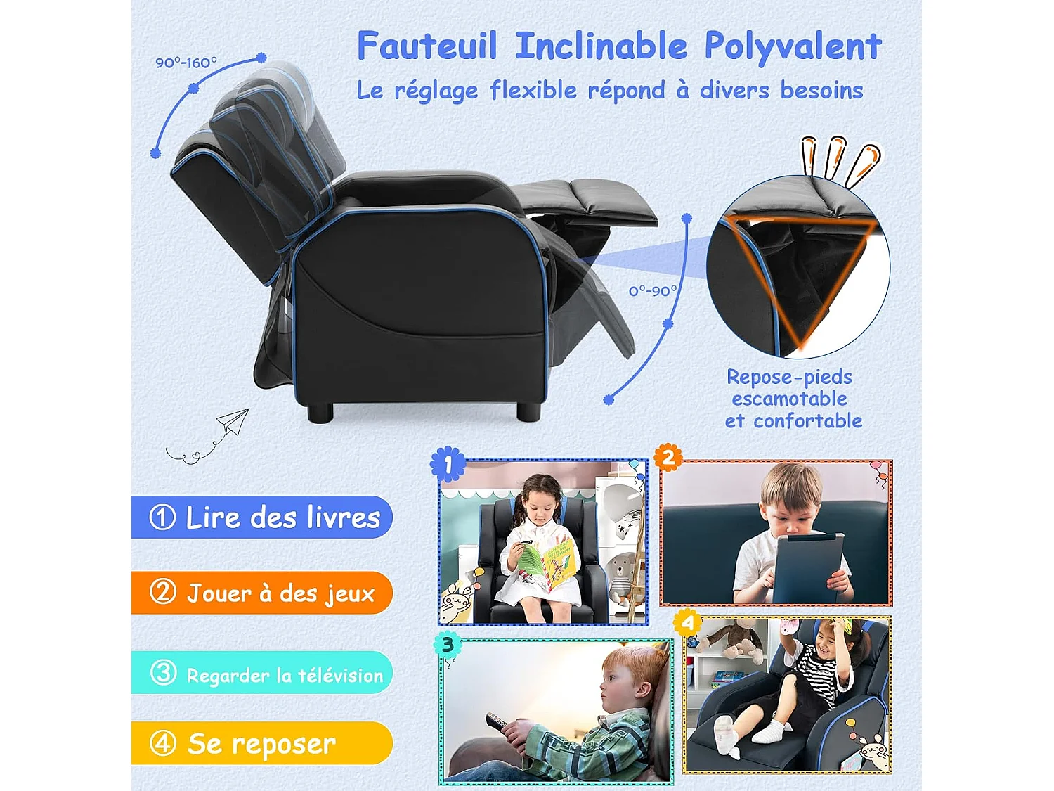 Fauteuil Inclinable Enfant en Cuir PU avec Repose-Pieds Réglable et Poches Latérales, Charge Max 50kg, Bleu