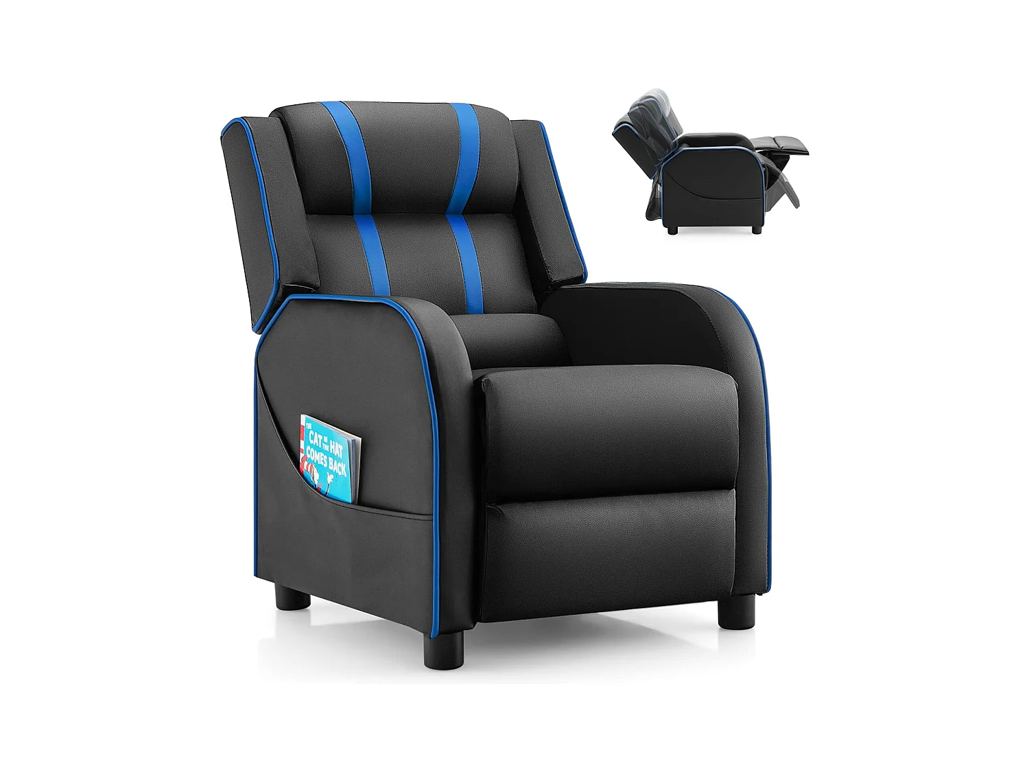Fauteuil Inclinable Enfant en Cuir PU avec Repose-Pieds Réglable et Poches Latérales, Charge Max 50kg, Bleu