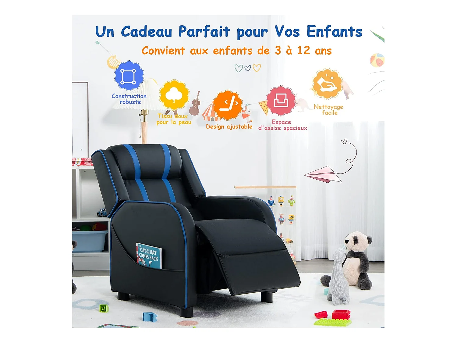 Fauteuil Inclinable Enfant en Cuir PU avec Repose-Pieds Réglable et Poches Latérales, Charge Max 50kg, Bleu