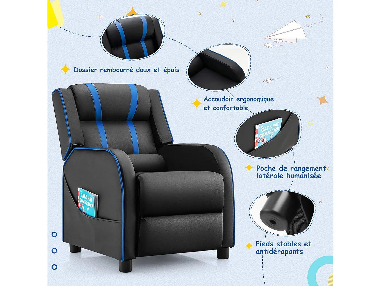 Fauteuil Inclinable Enfant en Cuir PU avec Repose-Pieds Réglable et Poches Latérales, Charge Max 50kg, Bleu