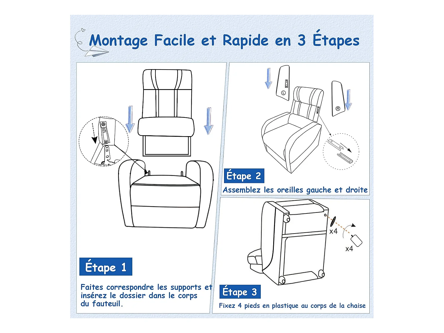 Fauteuil Inclinable Enfant en Cuir PU avec Repose-Pieds Réglable et Poches Latérales, Charge Max 50kg, Bleu
