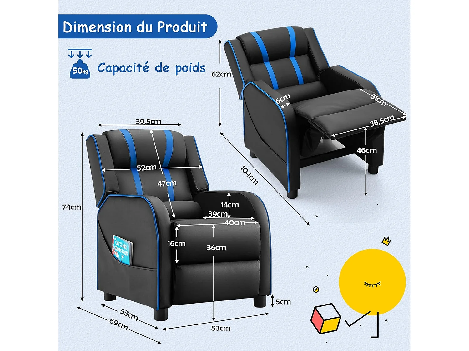 Fauteuil Inclinable Enfant en Cuir PU avec Repose-Pieds Réglable et Poches Latérales, Charge Max 50kg, Bleu