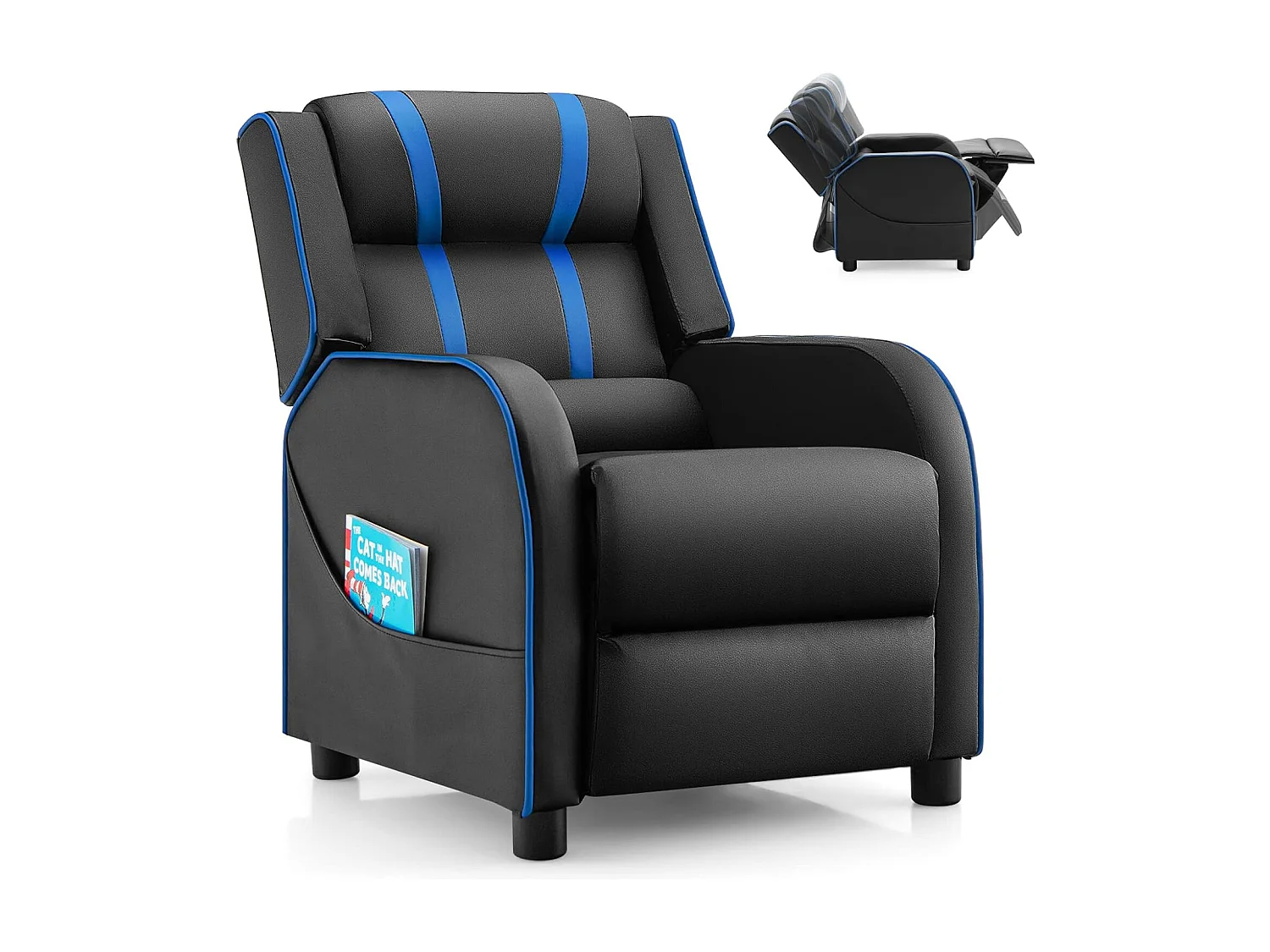 Fauteuil Inclinable Enfant en Cuir PU avec Repose-Pieds Réglable et Poches Latérales, Charge Max 50kg, Bleu