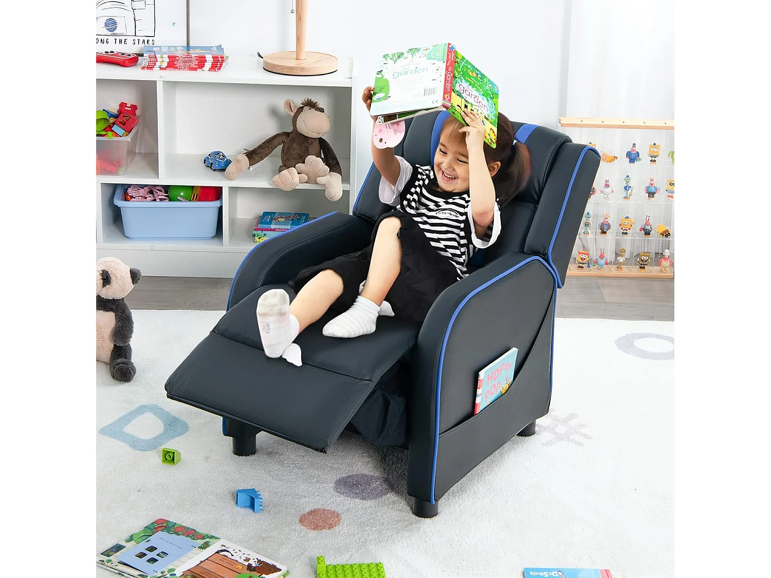 Fauteuil Inclinable Enfant en Cuir PU avec Repose-Pieds Réglable et Poches Latérales, Charge Max 50kg, Bleu