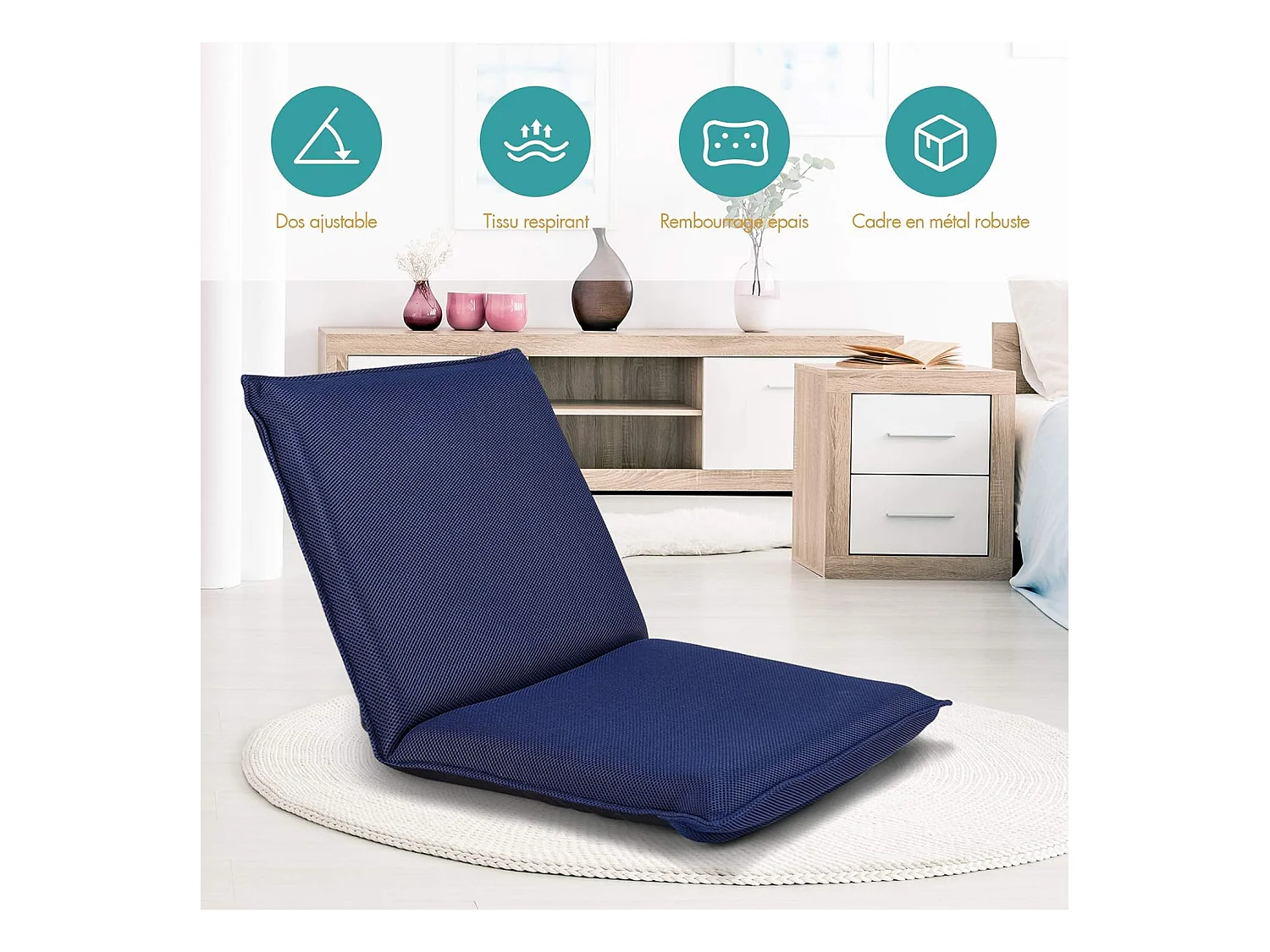 Chaise de Sol Pliable, Tatami Inclinable en 6 Position, Chaise de Plancher pour Jeu, Lecture 44 x 54,5 x 53,5CM, Jusqu’à 136KG (Bleu)