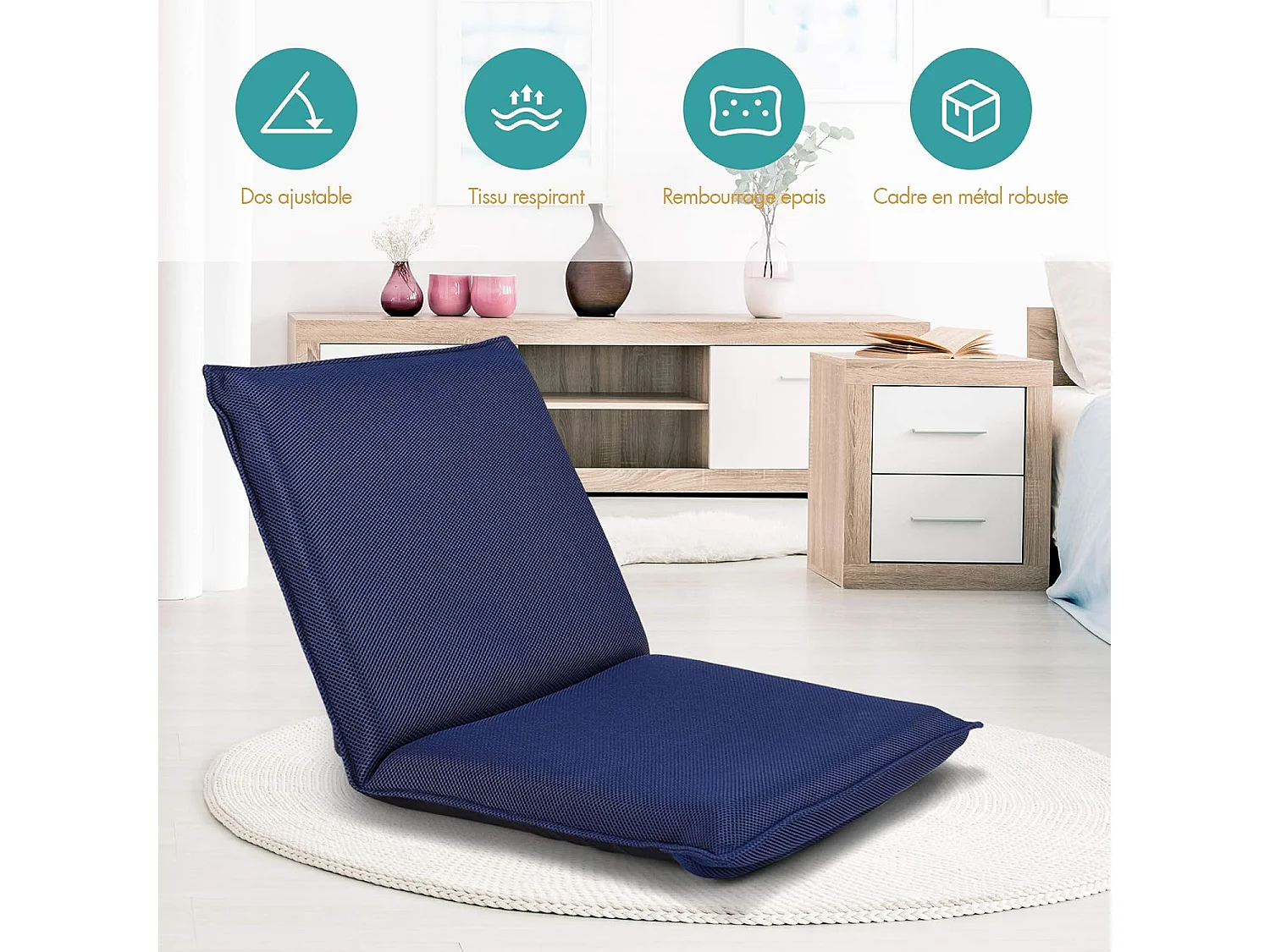 Chaise de Sol Pliable, Tatami Inclinable en 6 Position, Chaise de Plancher pour Jeu, Lecture 44 x 54,5 x 53,5CM, Jusqu’à 136KG (Bleu)