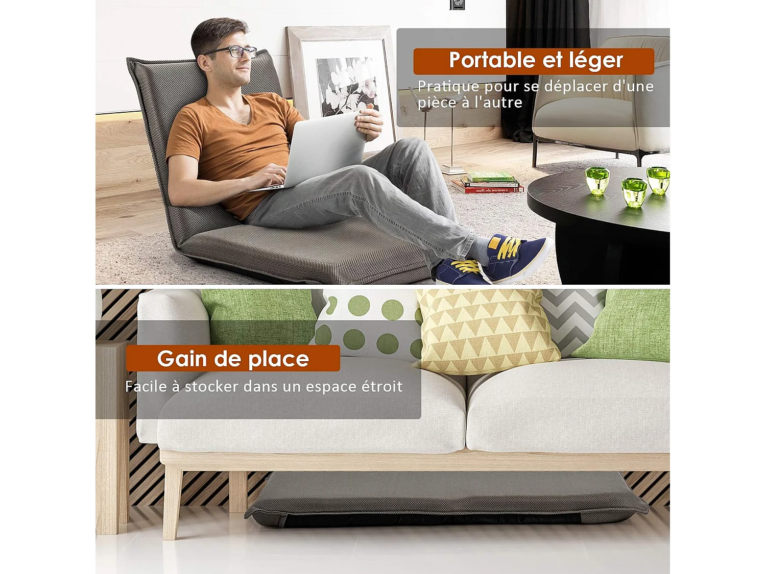 Chaise de Sol Pliable, Tatami Inclinable en 6 Position, Idéal pour Chambre, Salon, Bureau, 44 x 54,5 x 53,5 cm (L x l x H)