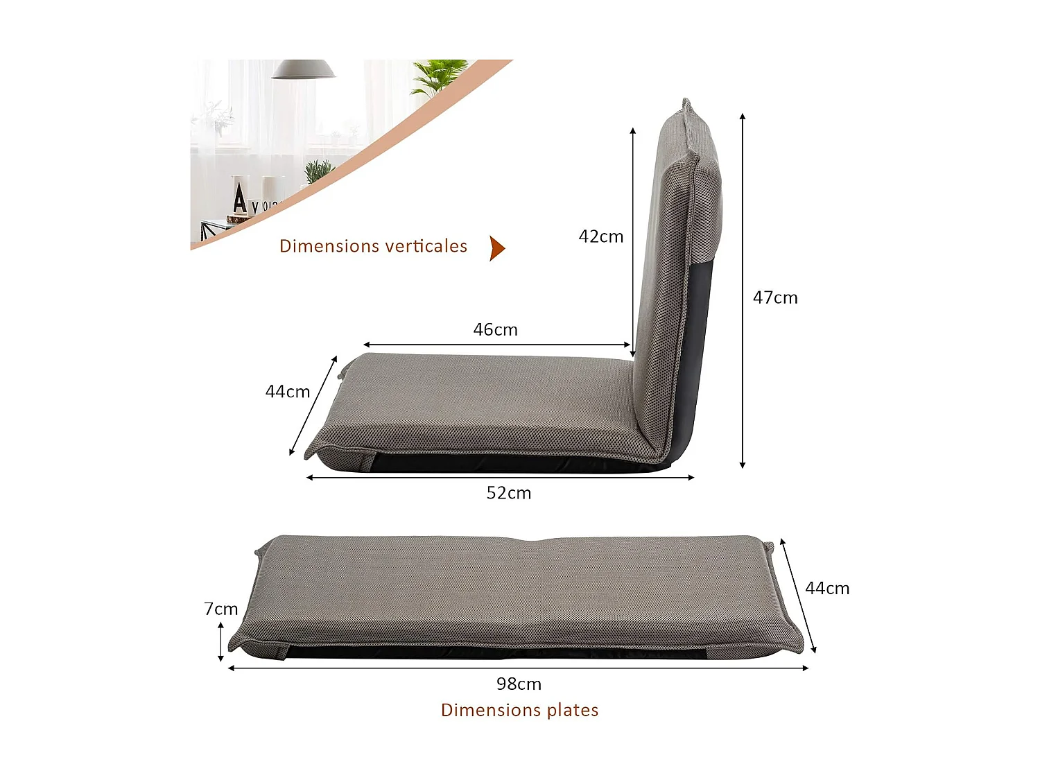 Chaise de Sol Pliable, Tatami Inclinable en 6 Position, Idéal pour Chambre, Salon, Bureau, 44 x 54,5 x 53,5 cm (L x l x H)