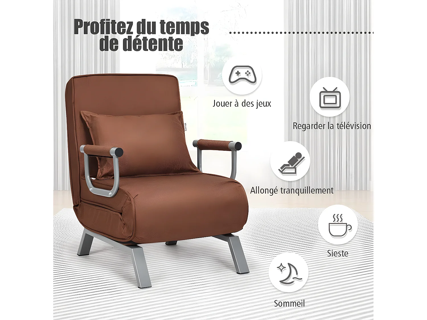 Fauteuil Convertible,Fauteuil-lit Chauffeuse 1 Place en Tissu avec Coussin,Dossier Réglable de 5 Positions et 2 Accoudoirs pour Salon,Bureau,Chambre