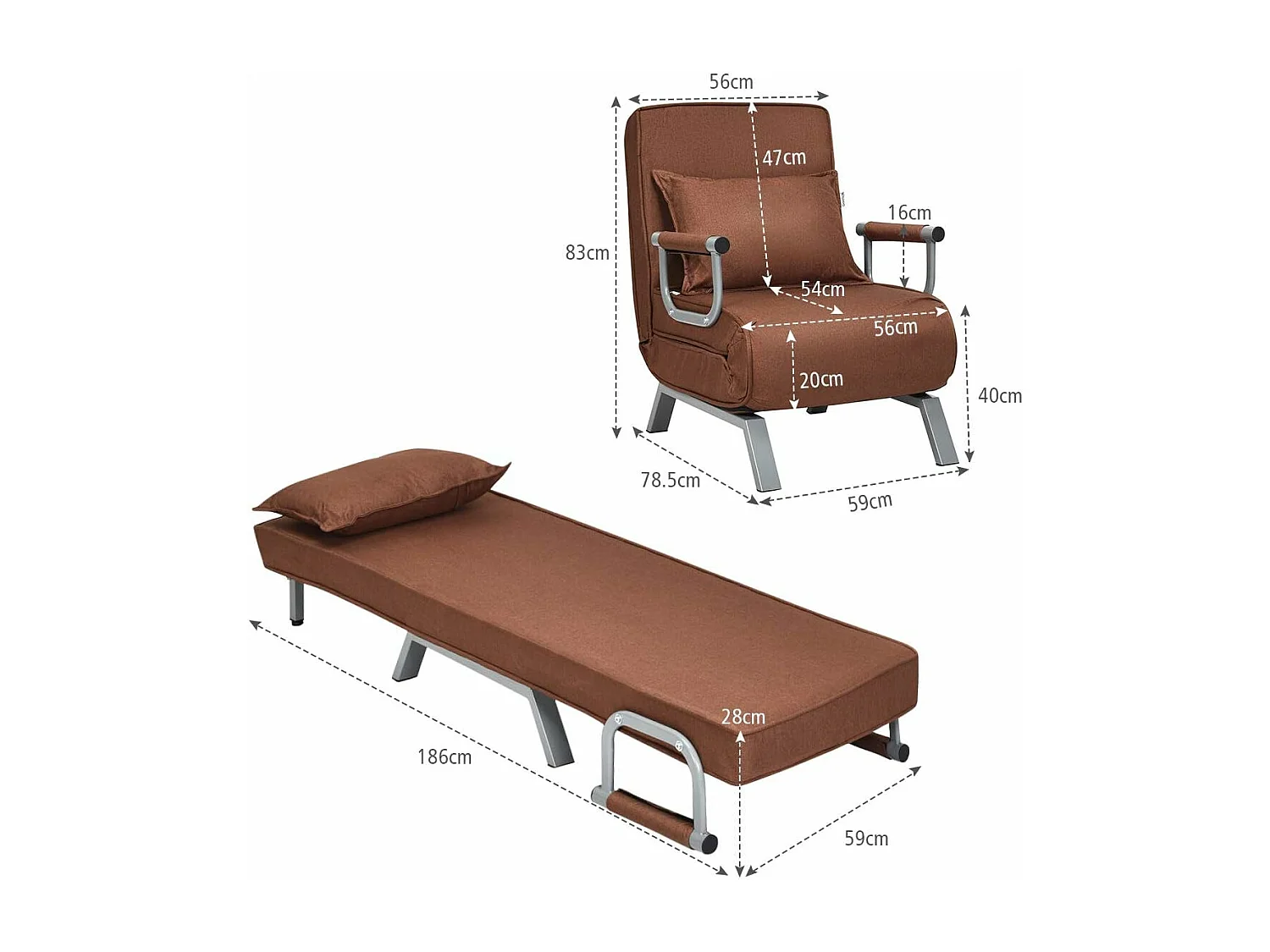 Fauteuil Convertible,Fauteuil-lit Chauffeuse 1 Place en Tissu avec Coussin,Dossier Réglable de 5 Positions et 2 Accoudoirs pour Salon,Bureau,Chambre