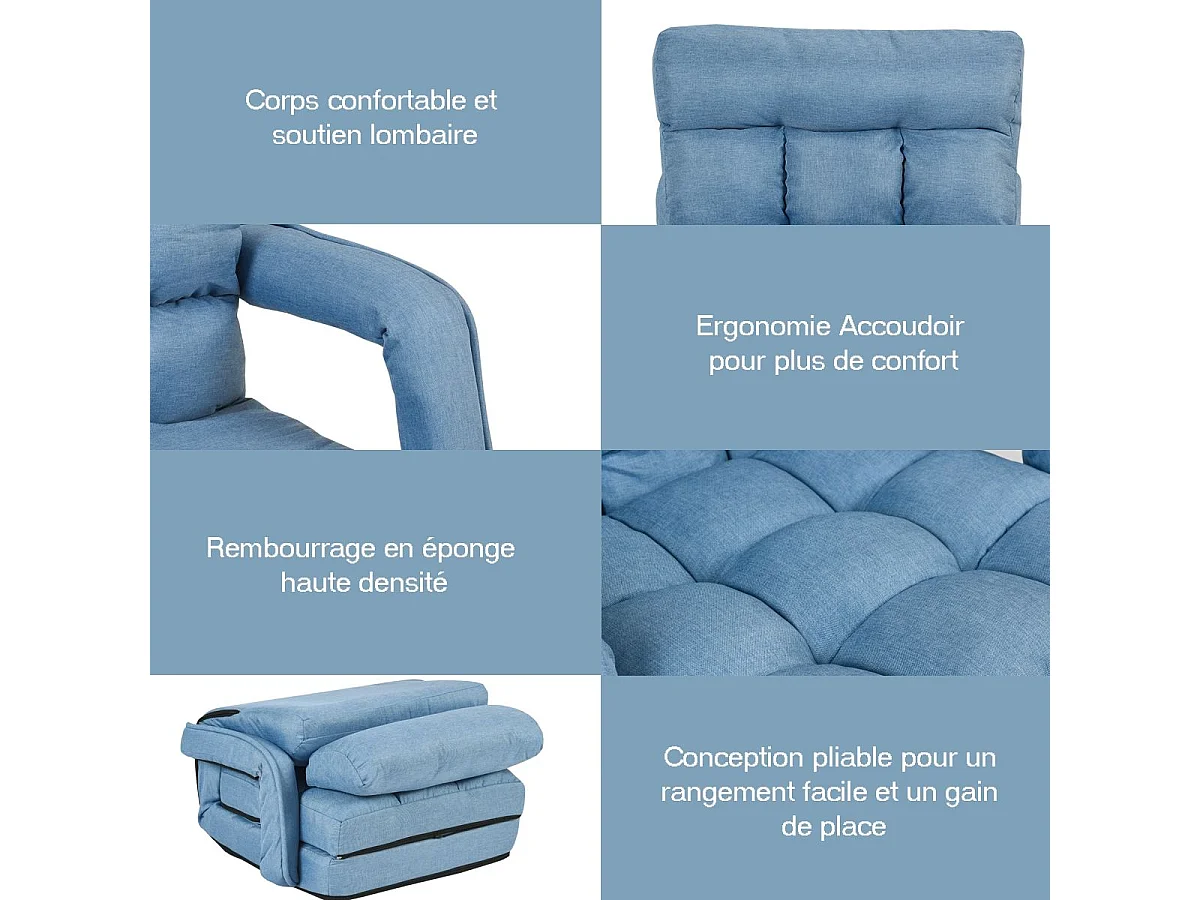 Fauteuil Convertible, Fauteuil Convertible 1 Place avec Oreiller, Rembourré avec Eponge Doux et Elastique, 5 Positions Disponibles pour Salon,Bureau,Chambre (Bleu)