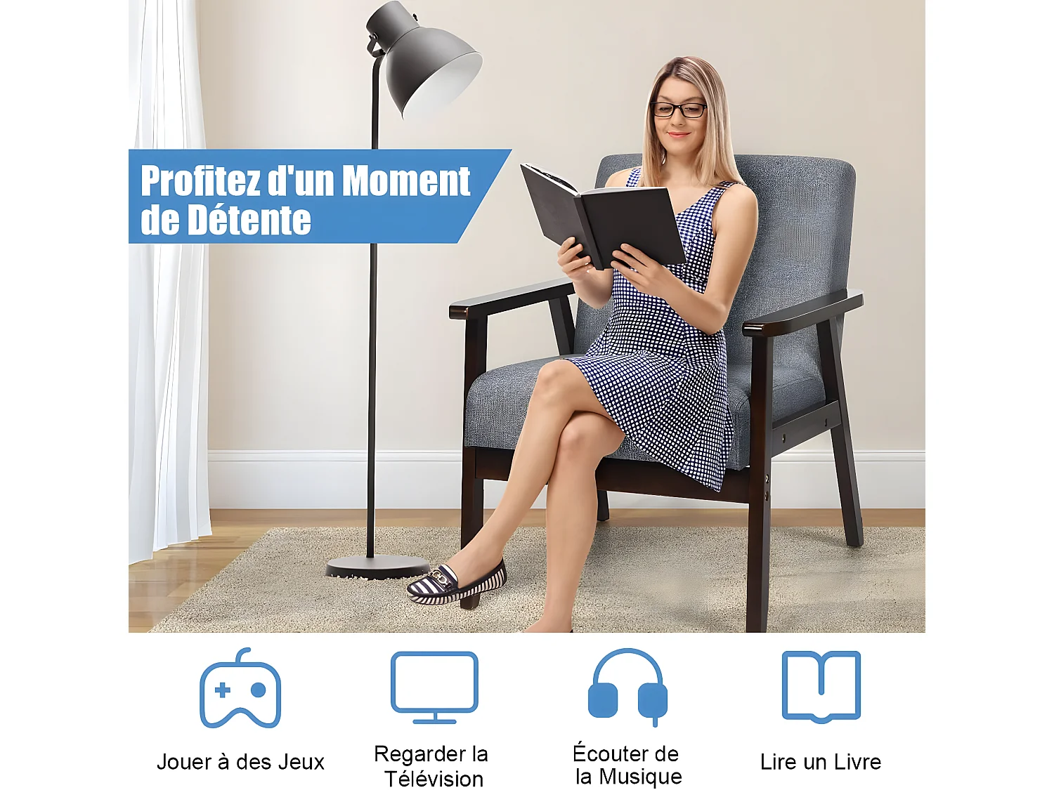 Fauteuil Salon/Chaise Rétro, Rembourrée Souple Cadre en Bois d'Hévéa,Surface en Tissu Lin, pour Salon, Bureau, Balcon Gris