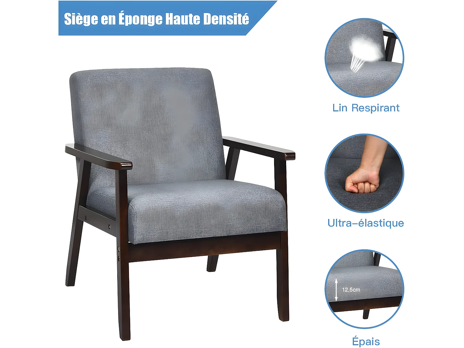 Fauteuil Salon/Chaise Rétro, Rembourrée Souple Cadre en Bois d'Hévéa,Surface en Tissu Lin, pour Salon, Bureau, Balcon Gris