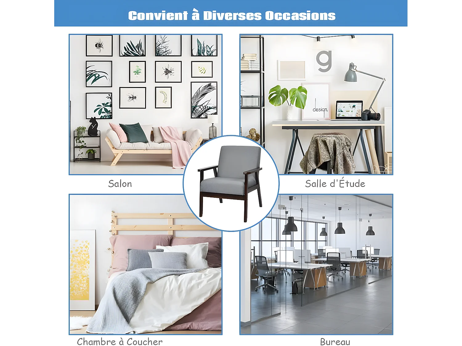 Fauteuil Salon/Chaise Rétro, Rembourrée Souple Cadre en Bois d'Hévéa,Surface en Tissu Lin, pour Salon, Bureau, Balcon Gris